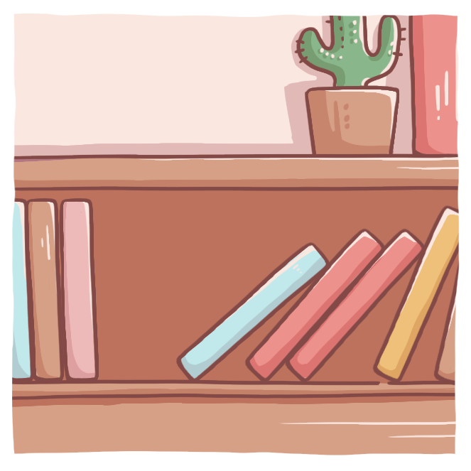 Bookshelf with books and a cactus